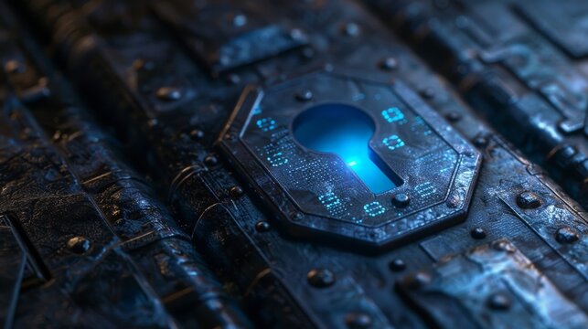 A close-up of a steel padlock with a binary code pattern etched on its surface, the keyhole glowing blue.  