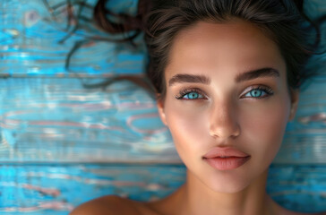 close up portrait of beautiful woman lying on massage table, clean skin and perfect body with blue eyes, beauty treatment for face and neck in spa salon