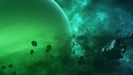 Close up green planet in space and There are meteorite rocks scattered around. © adison