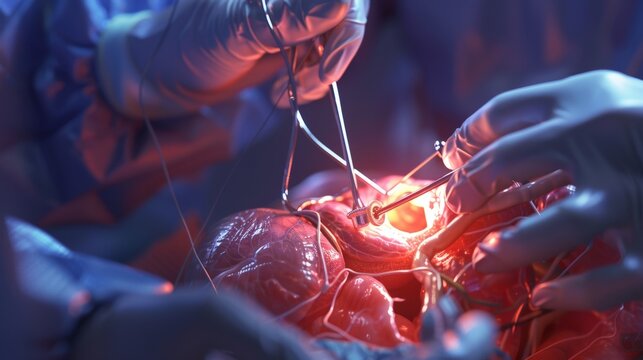 A close-up photo of a surgeon performing bypass surgery, highlighting the exposed artery with a gleaming surgical light.  