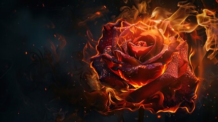 The image shows a rose that is on fire. The petals of the rose are black and red, and the fire is orange and yellow. The rose is set against a black background.

