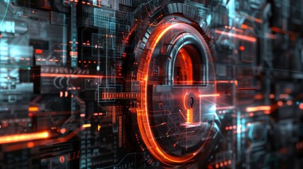Obraz premium A digital art piece depicting a futuristic steel padlock with a digital keyhole and data flowing around it. 