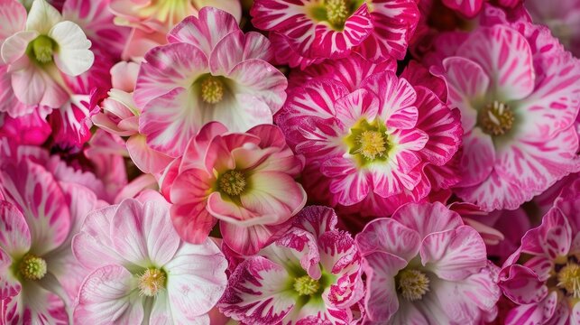 The Pink Flowers card backdrop showcases a stunning close up of the Primula Belarina flower along with a vibrant display of the Double Primrose bloom variety Spring Flirt in mesmerizing det