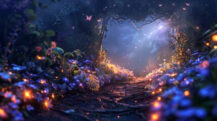 A dreamlike landscape with a path made of glowing flowers leading towards a heart-shaped portal in the distance.  