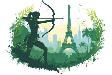 Green watercolor painting of an archery woman by eiffel tower olympic - obrazy, fototapety, plakaty