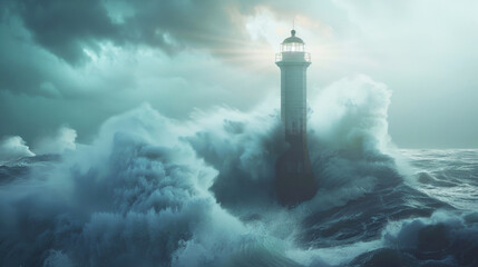 Image of ocean landscape. Lighthouse in stormy weather
