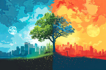 Climate change illustration with city, tree in center. Concept of environment warming and pollution
