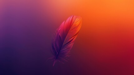 A gradient from fiery orange to deep purple with a single, metallic feather floating in the center.  