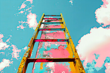 Ladder going up to sky artwork. Stairs to the clouds. Development concept.