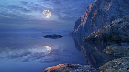 Rocky seashore, sea and moon shining. Mystery night landscape