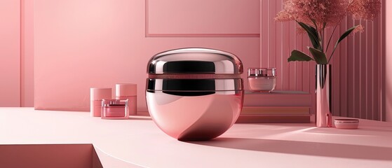 The image shows a silver round container with a shiny reflective surface sitting on a pink table against a pink background. - obrazy, fototapety, plakaty