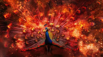Majestic Peacock in a Fiery Dance: Radiance Unleashed. - obrazy, fototapety, plakaty