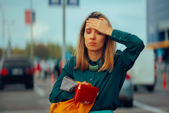Forgetful Woman Checking her Bag Losing her Money. Person losing her belongings after getting mugged 
