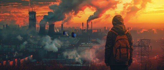 The image shows a post-apocalyptic cityscape with a lone figure standing in the foreground