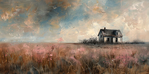 landscape of cottage in field in the countryside. Moody  painting. Banner - obrazy, fototapety, plakaty