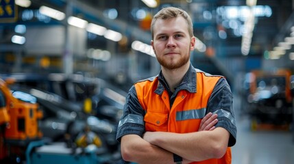 Portrait of male worker in automotive factory industry hyper realistic 