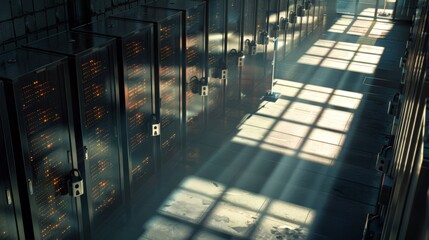A high-angle shot of a server room with rows of computers secured with steel padlocks, casting long shadows.  - obrazy, fototapety, plakaty