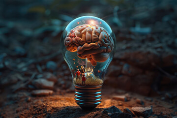 Human brain glowing inside of light bulb on dark background