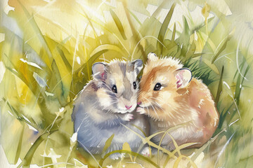 water color of hamster lover in a nature, illustration painting.