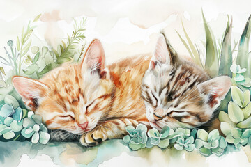 water color of baby cats in a nature, illustration painting.