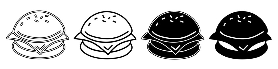 Black and white illustration of a burger. Burger icon collection with line. Stock vector illustration.