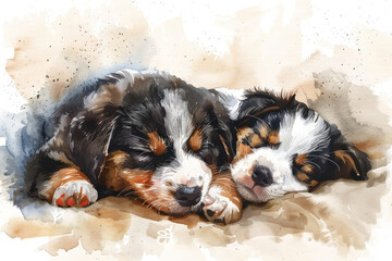 water color of baby dogs in a nature, illustration painting.