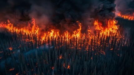 The image shows a forest fire. The fire is spreading quickly and the trees are burning intensely. The scene is one of devastation and destruction.