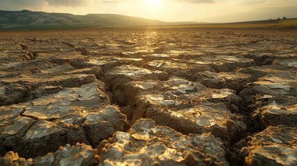 Obraz premium The image shows a dry, cracked earth with a large crack running through it. The sky is orange and the sun is setting.
