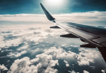 Fototapeta premium 'clouds sky airplane wing white blue Background Business Sky Travel Nature Snow Clouds White Cloud Airplane Blue Red Window Plane Vacation Holiday Beautiful Tourism Transportation Air Atmosphere'