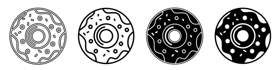 Black and white illustration of a donuts. Donuts icon collection with line. Stock vector illustration.
