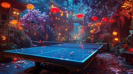Competitive ping pong in an artistic, magical setting, beautifully colored and filled with imaginative elements - obrazy, fototapety, plakaty