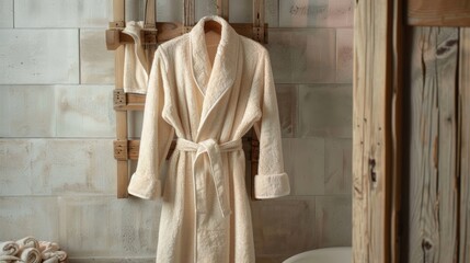 A terry cloth spa robe cinched at the waist with a plush heavenly quality hanging on a wooden towel rack.. - obrazy, fototapety, plakaty