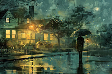 illustration painting of man shirt with umbrella crossing the street,rainy night