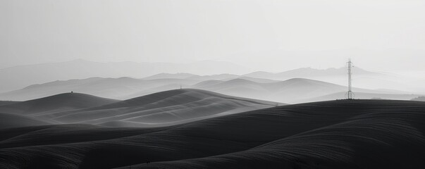 A monochromatic landscape with rolling hills depicted by simple geometric shapes, with a lone communications tower on the horizon. 