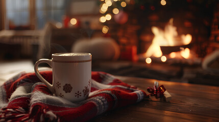 A steaming mug of hot cocoa with whipped cream, surrounded by pine cones and scattered coffee beans on an old wooden table in front of the fireplace. Generative Ai - Powered by Adobe