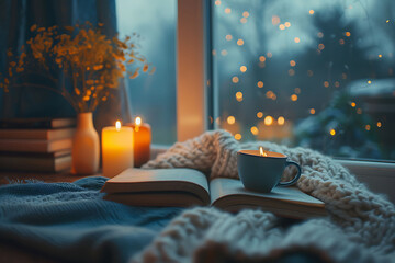 Cozy home. Candles, book and cup of tea