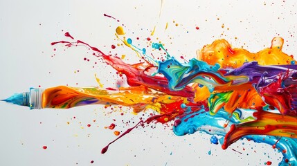 A photorealistic explosion of colorful paints bursting from a squeezed tube, splattering across a white canvas.  