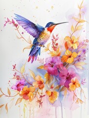 Nature themed watercolor, vibrant hummingbird, hand drawn with bright, serene colors