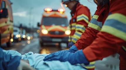 Close-up of paramedics' hands coordinating during a critical patient transfer, with the ambulance in the background