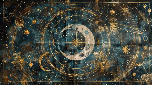 A tapestry depicting the constellations of the night sky each one infused with alchemical symbols and images. In the center the constellation . .