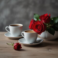 Fototapeta na wymiar Red Roses and Coffee A Delightful Morning Scene