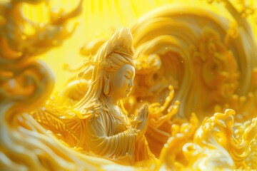 Guan Yin statue on gold background