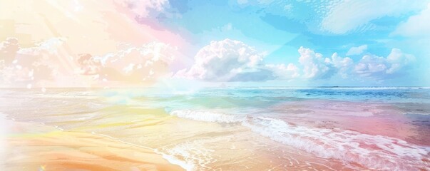 A serene beach scene where the ocean meets a pastel rainbow
