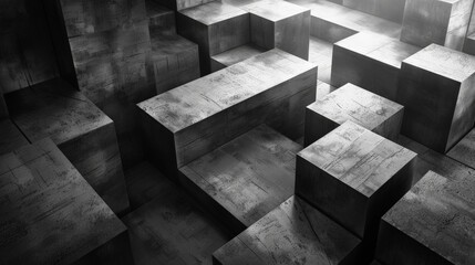 A series of interlocking black and white blocks on a stark canvas, each one revealing a glimpse into a different fantastical world. 