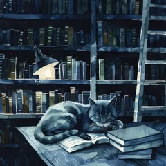 Fotobehang A nighttime library scene with a cat curled up among books © Nisit