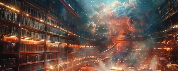 A fantasy library with floating books and mystical light