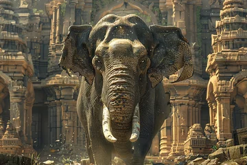 Fotobehang Craft a photorealistic digital rendering of a gentle giant, the endangered Indian elephant, standing tall against a backdrop of ancient ruins, emphasizing its intricate tusks and wrinkled skin in exqu © Nawarit