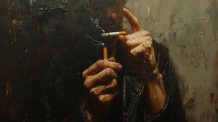 Craft a striking oil painting capturing a frontal view of a defiant figure refusing a cigarette, emphasizing the intricate details of the hand,