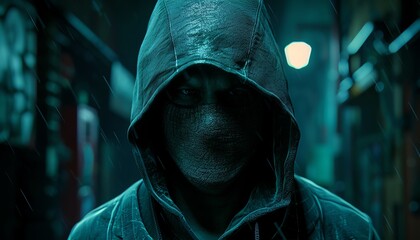 Craft a suspenseful scene in a CG 3D rendering style, portraying the robber with a unique hood and mask, creating a sense of depth against a dark background, emphasizing the tension of the moment, - obrazy, fototapety, plakaty