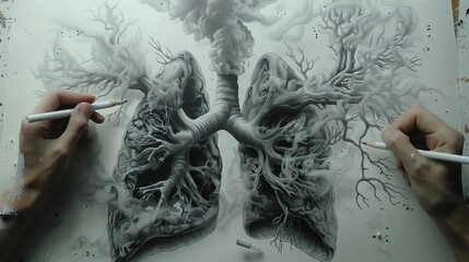 Craft a thought-provoking scene using traditional pen and ink medium to showcase the damaging impact of smoking on the lungs, juxtaposing the fragility of the organ with the destructive nature of canc - obrazy, fototapety, plakaty
